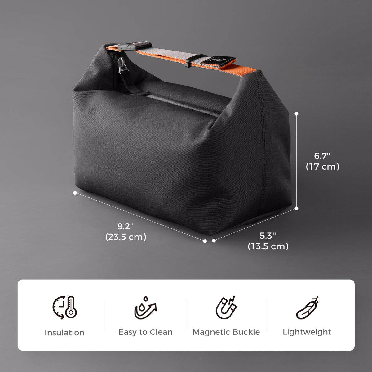 pack all® insulated lunch bag size diagram showing 9.2 × 5.3 × 6.7 inches and icons for insulation, easy cleaning, magnetic buckle, and light weight.