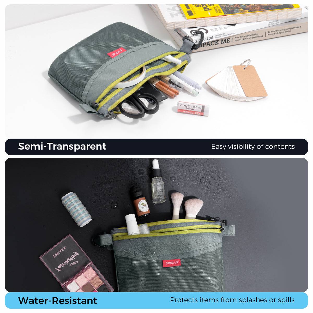 Two feature views of the pack all® gray medium double-layer daily pouch showing the semi-transparent mesh panel and water droplets on the water-resistant surface.