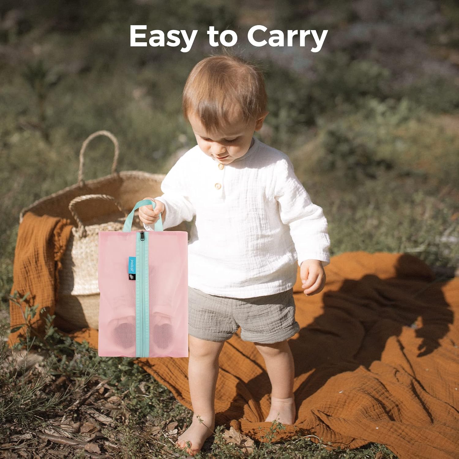 Pack All pink-blue kids shoe bag with durable material for family travel use