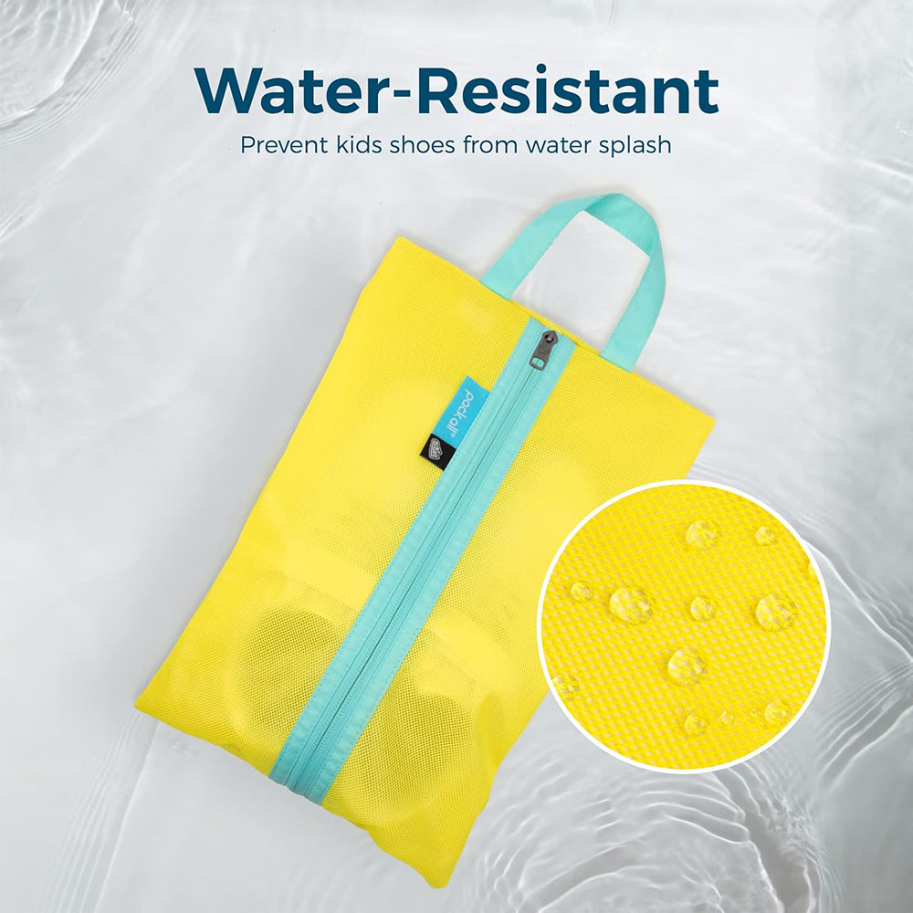 Pack All yellow-blue kids shoe bag with water resistant fabric for splash protection