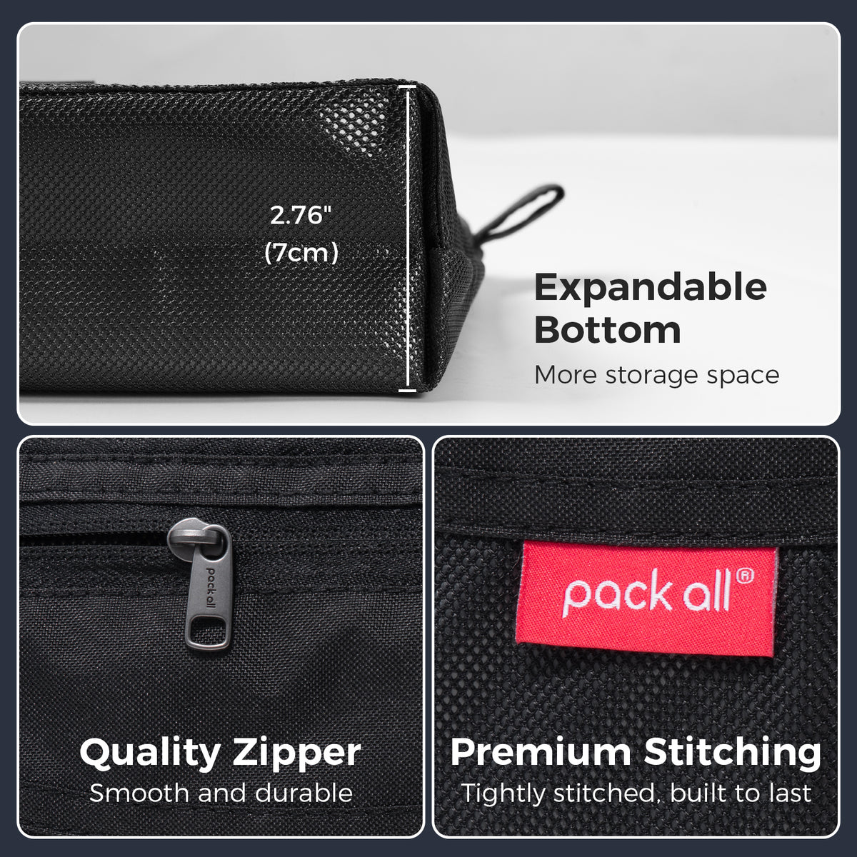 Explore the expandable 2.76-inch (7 cm) bottom, zipper details and stitching on the black medium pack all® double-layer daily pouch for flexible storage.