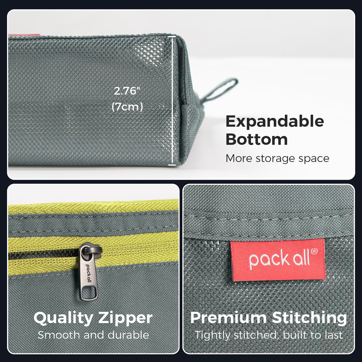 Explore the expandable 2.76-inch (7 cm) bottom, zipper details and stitching on the gray small pack all® double-layer daily pouch for flexible storage.