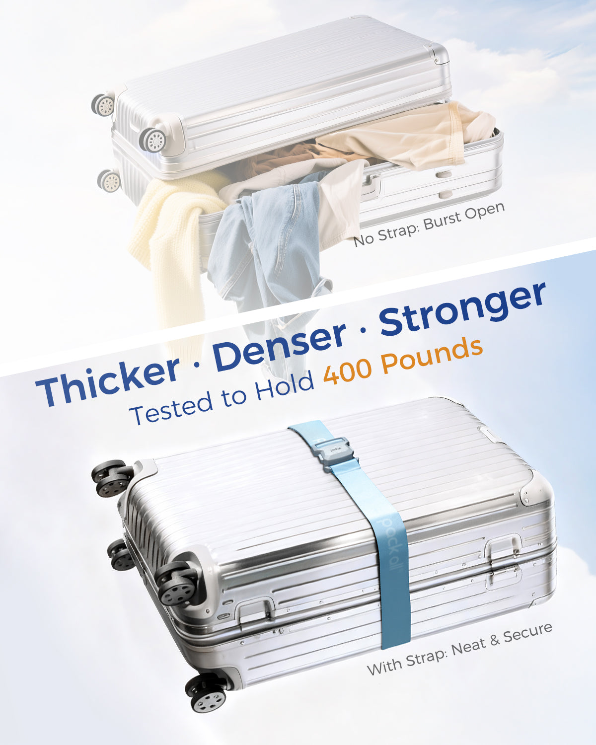 Pack All luggage strap with reinforced stitching and load support structure for secure travel fastening