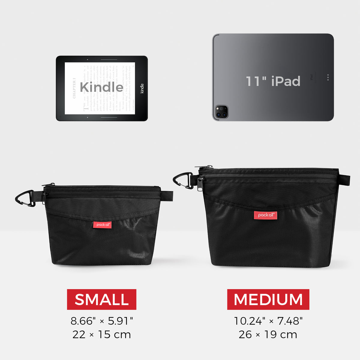 Compare black pack all® daily pouch sizes: small 22 x 15 cm and medium 26 x 19 cm. This listing features the medium double-layer organizer.