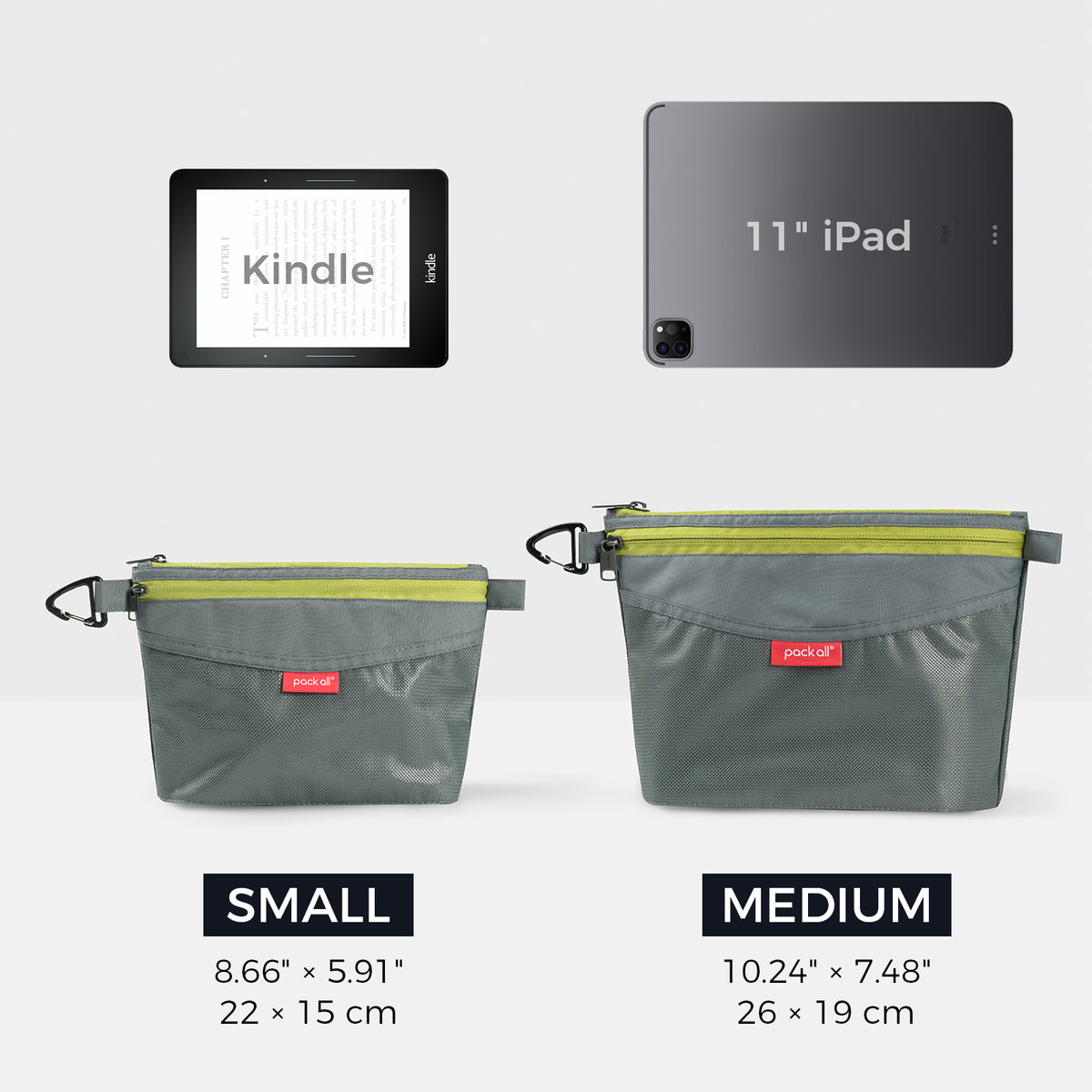 Size comparison image for the gray medium pack all® double-layer daily pouch, showing small 22 x 15 cm and medium 26 x 19 cm options.