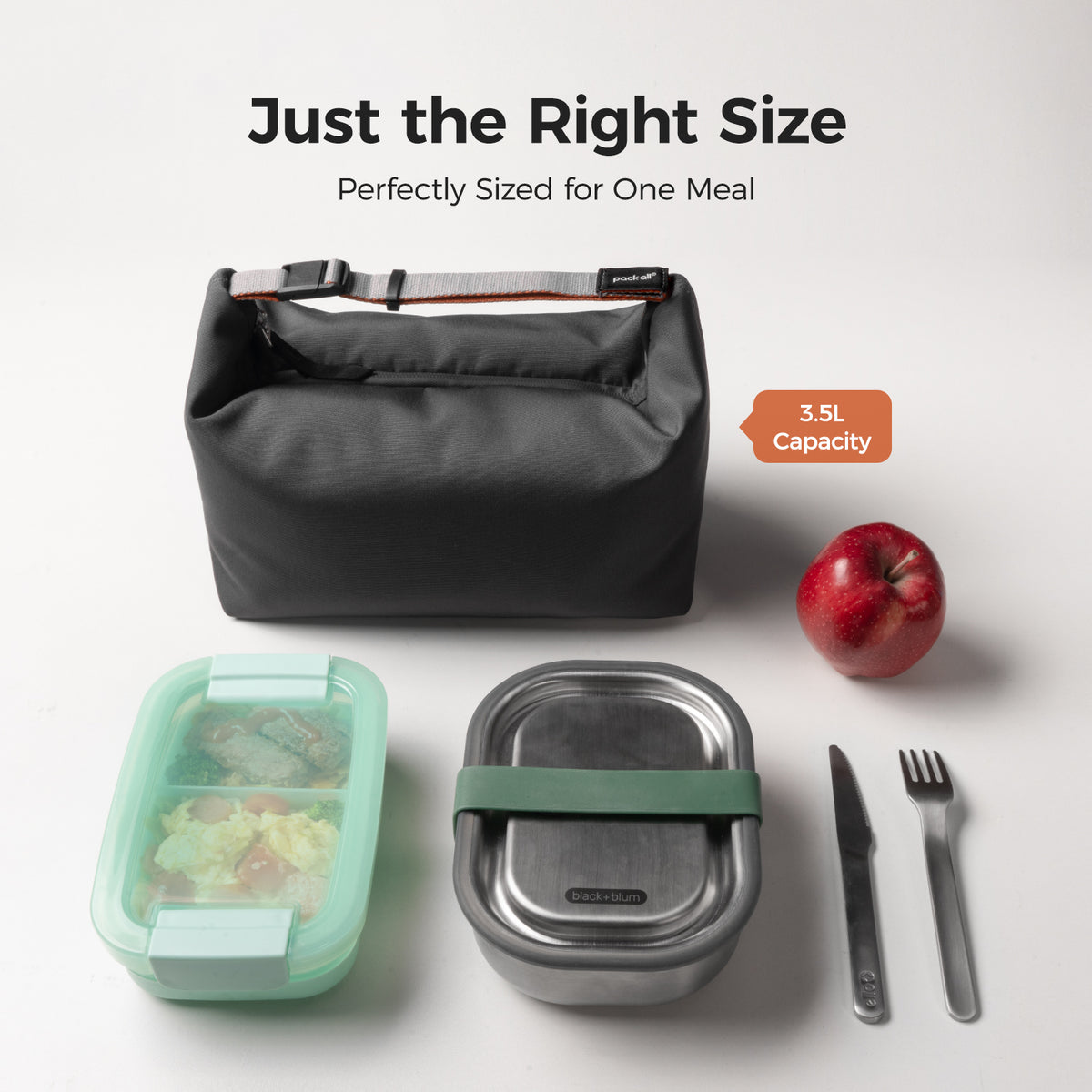 pack all® insulated lunch bag labeled 3.5 L capacity, displayed beside two lunch containers, an apple, and a fork and knife.