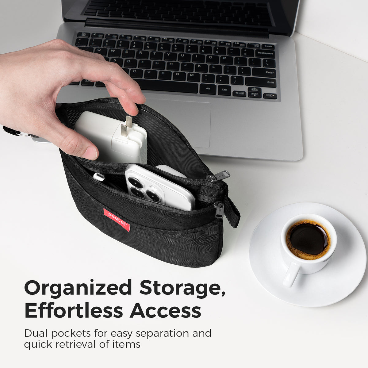 Sort small tech accessories and daily necessities with the black medium pack all® double-layer daily pouch, using two storage sections for easy access.