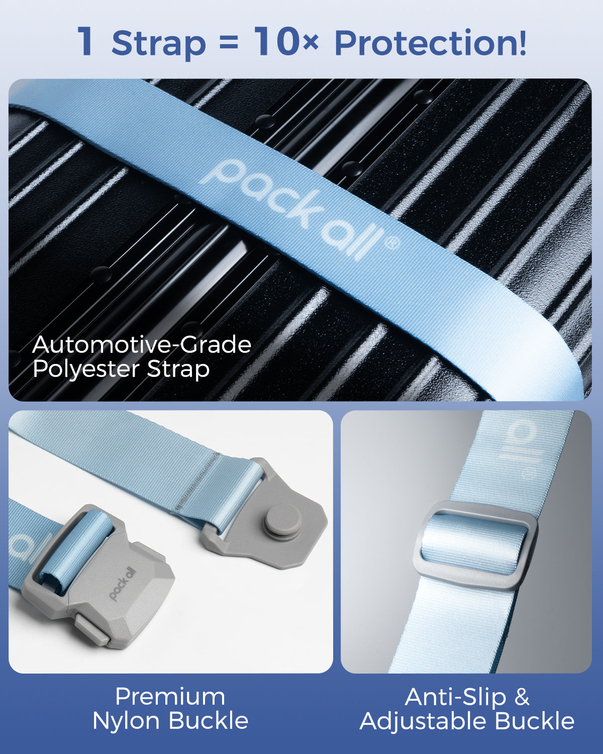 Pack All luggage strap with durable webbing and wear resistant material for secure travel fastening