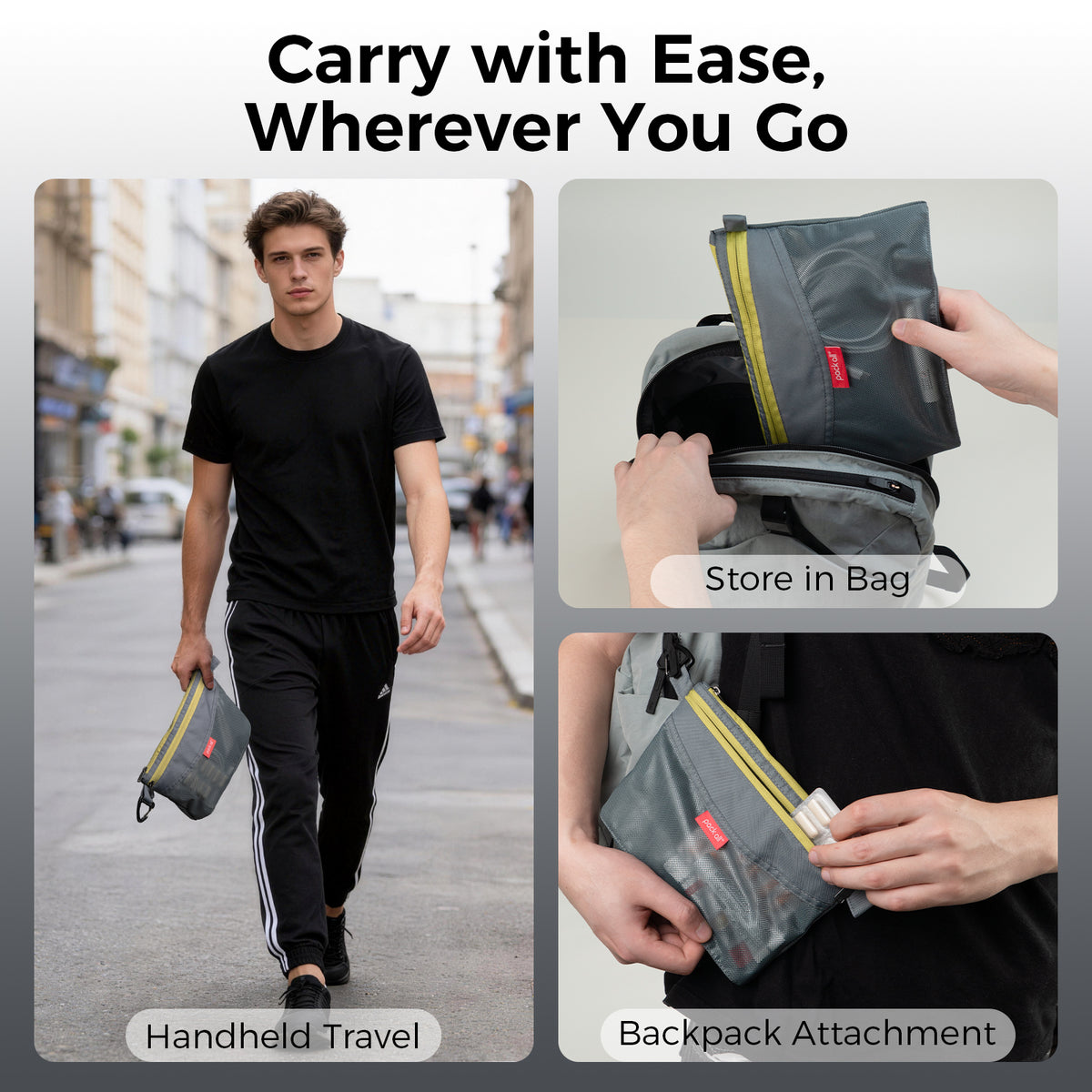 Three ways to carry the pack all® gray medium double-layer daily pouch: by hand, inside a backpack and attached to a bag with its clip.