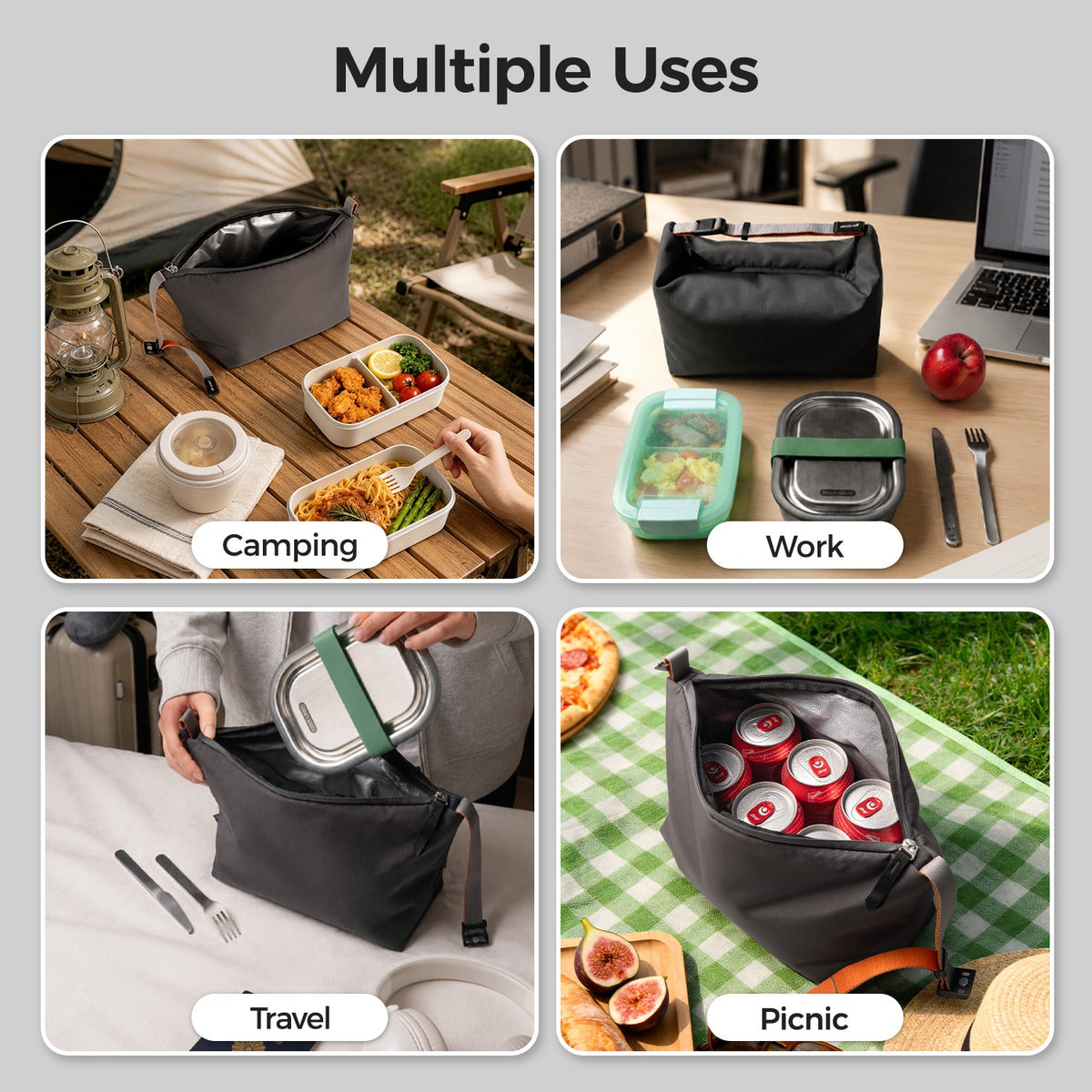 See the pack all® insulated lunch bag used for camping, office lunches, travel food packing, and picnics, with a compact shape for meals on the go.