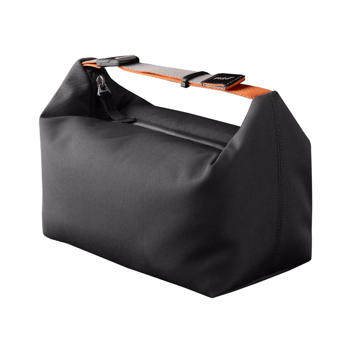 pack all® dark gray insulated lunch bag with an orange-accented carry handle and magnetic buckle, shown with its zippered top closed.