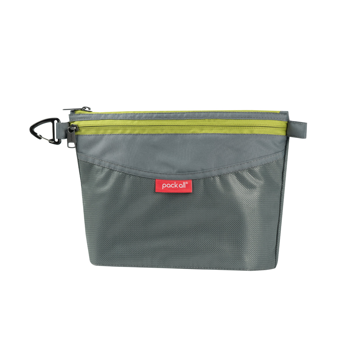 pack all® gray medium double-layer daily pouch with a front mesh panel, top zippers and an attached carry clip.