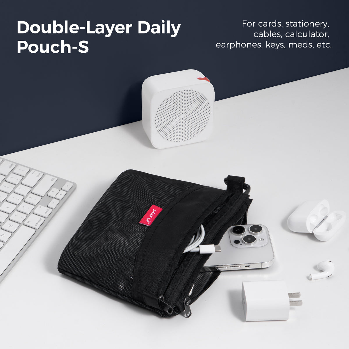 Organize cables, earbuds, a phone and other small daily accessories with the black small pack all® double-layer daily pouch for work, school or travel.