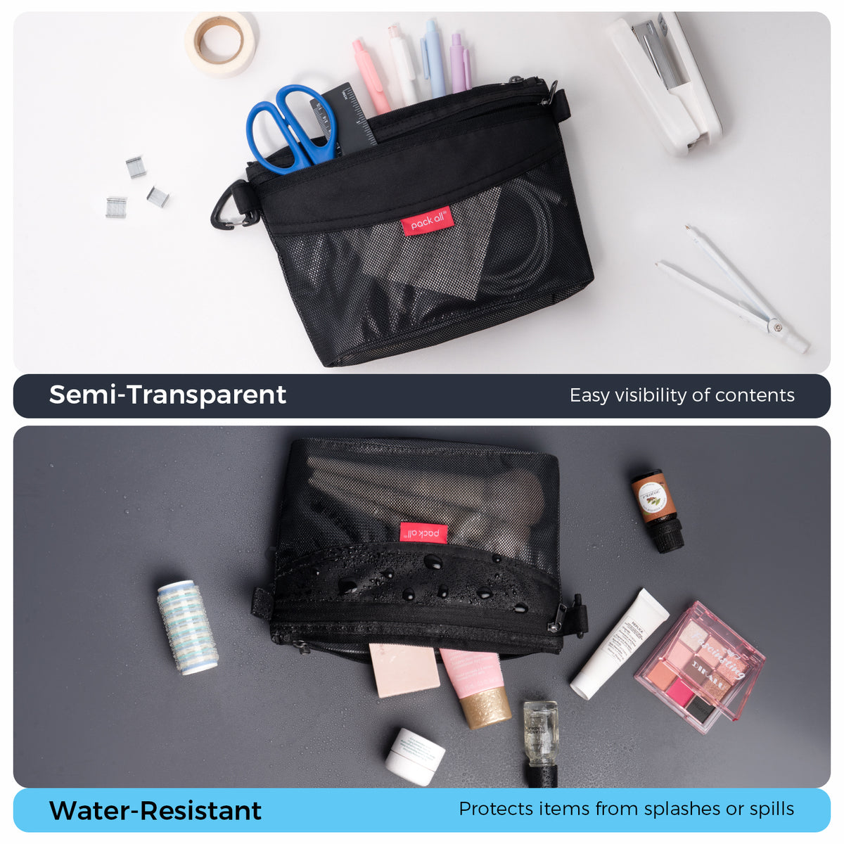 The black small pack all® double-layer daily pouch combines a semi-transparent mesh section for easier viewing with a water-resistant exterior for splashes.