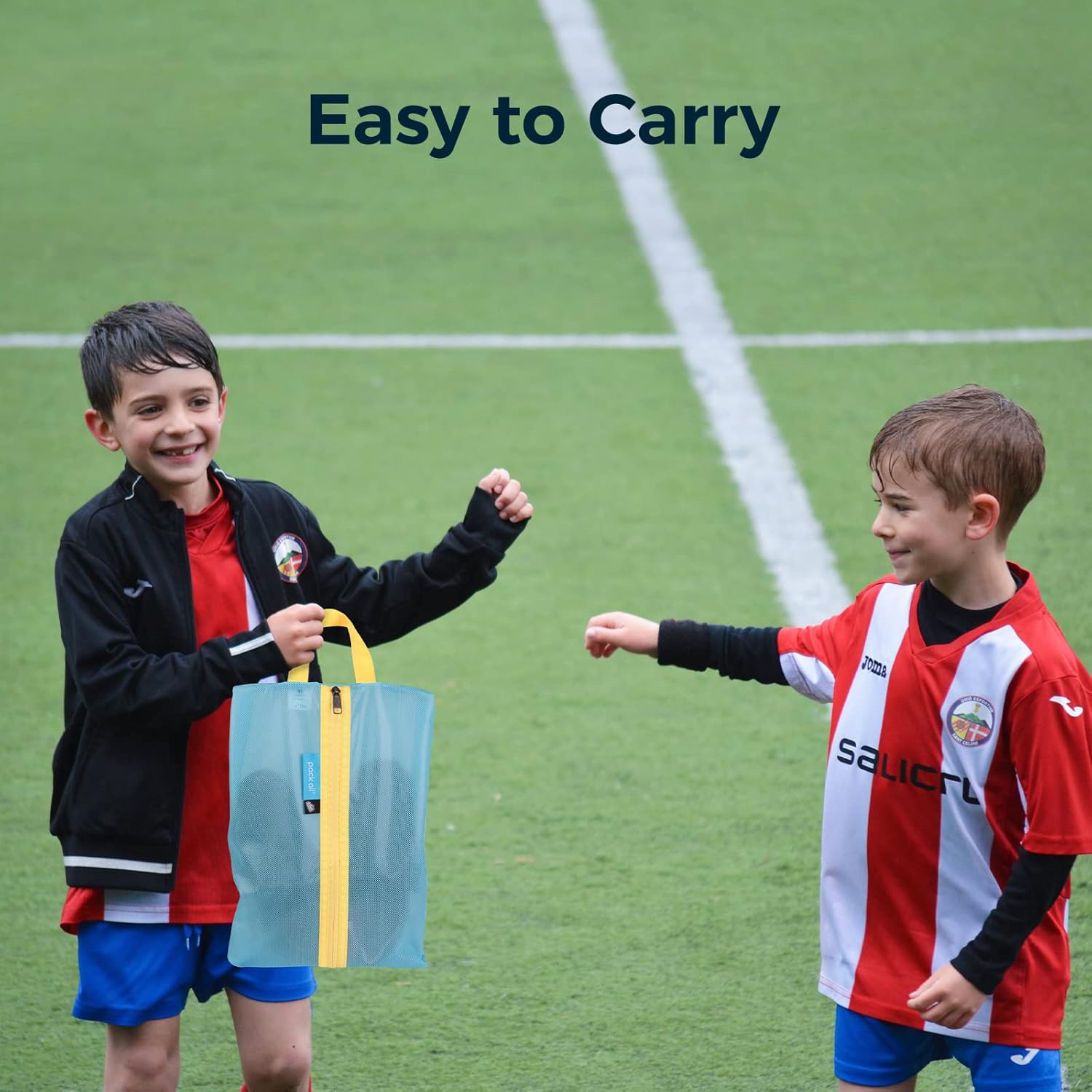 Pack All blue-yellow kids shoe bag with water resistant fabric for splash protection