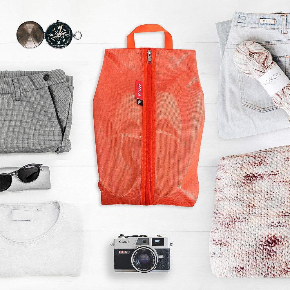 Pack All orange shoe bag with drawstring closure for easy shoe access