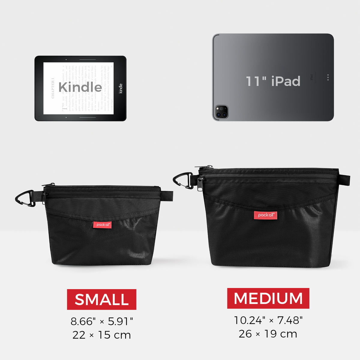 Compare black pack all® daily pouch sizes: small 22 x 15 cm and medium 26 x 19 cm. This listing features the small double-layer organizer.