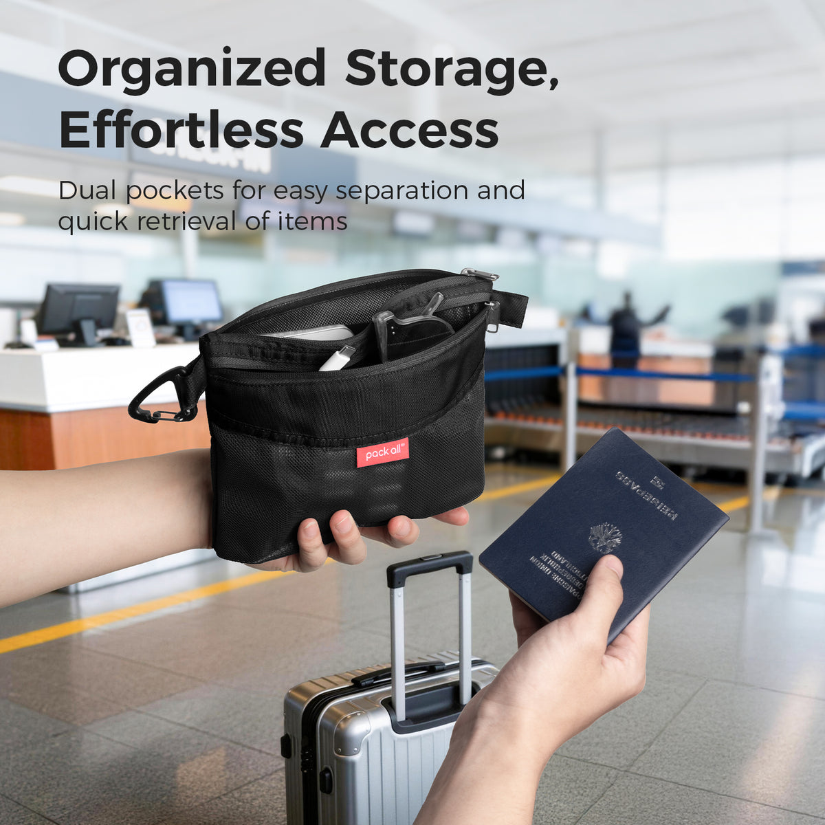 Keep travel documents and small essentials easy to access with the black small pack all® double-layer daily pouch during airport check-in and trips.