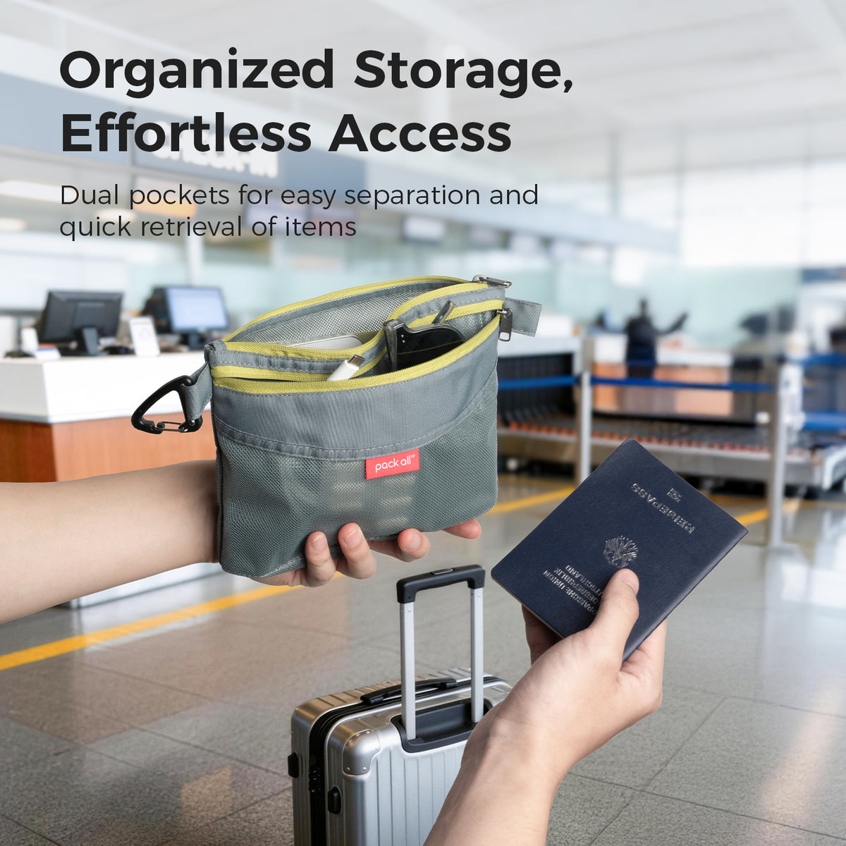 Keep travel documents and small essentials easy to access with the gray small pack all® double-layer daily pouch during airport check-in and trips.