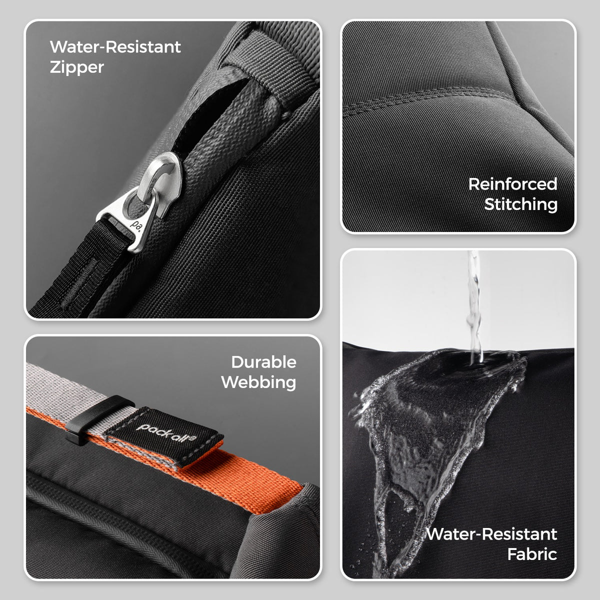Inspect the pack all® insulated lunch bag details: a water-resistant zipper and fabric, reinforced stitching, and durable adjustable carrying webbing.