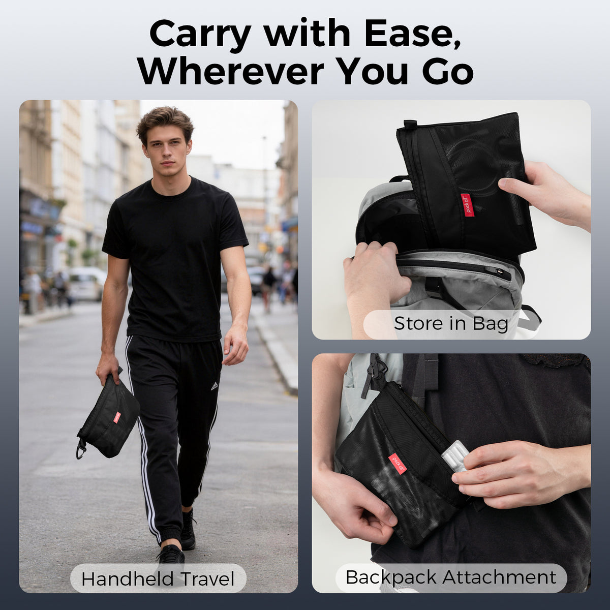 Take the black medium pack all® double-layer daily pouch on the go: carry it by hand, pack it inside a backpack or attach it using the side clip.